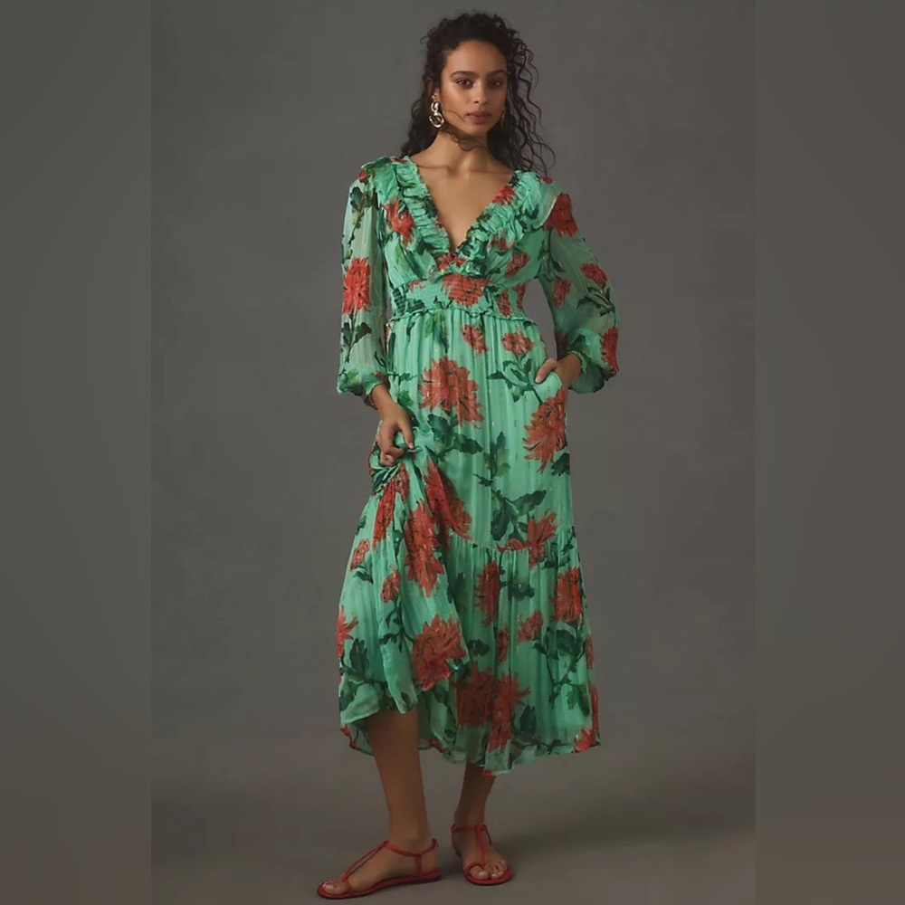 Anthropologie - The Odetta Ruffled V-neck Dress, size L